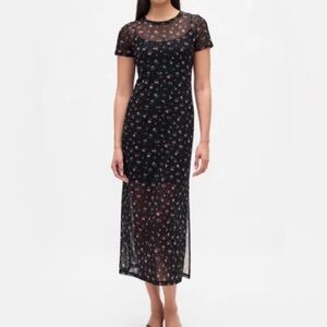 Gap Black Floral Mesh Midi Dress